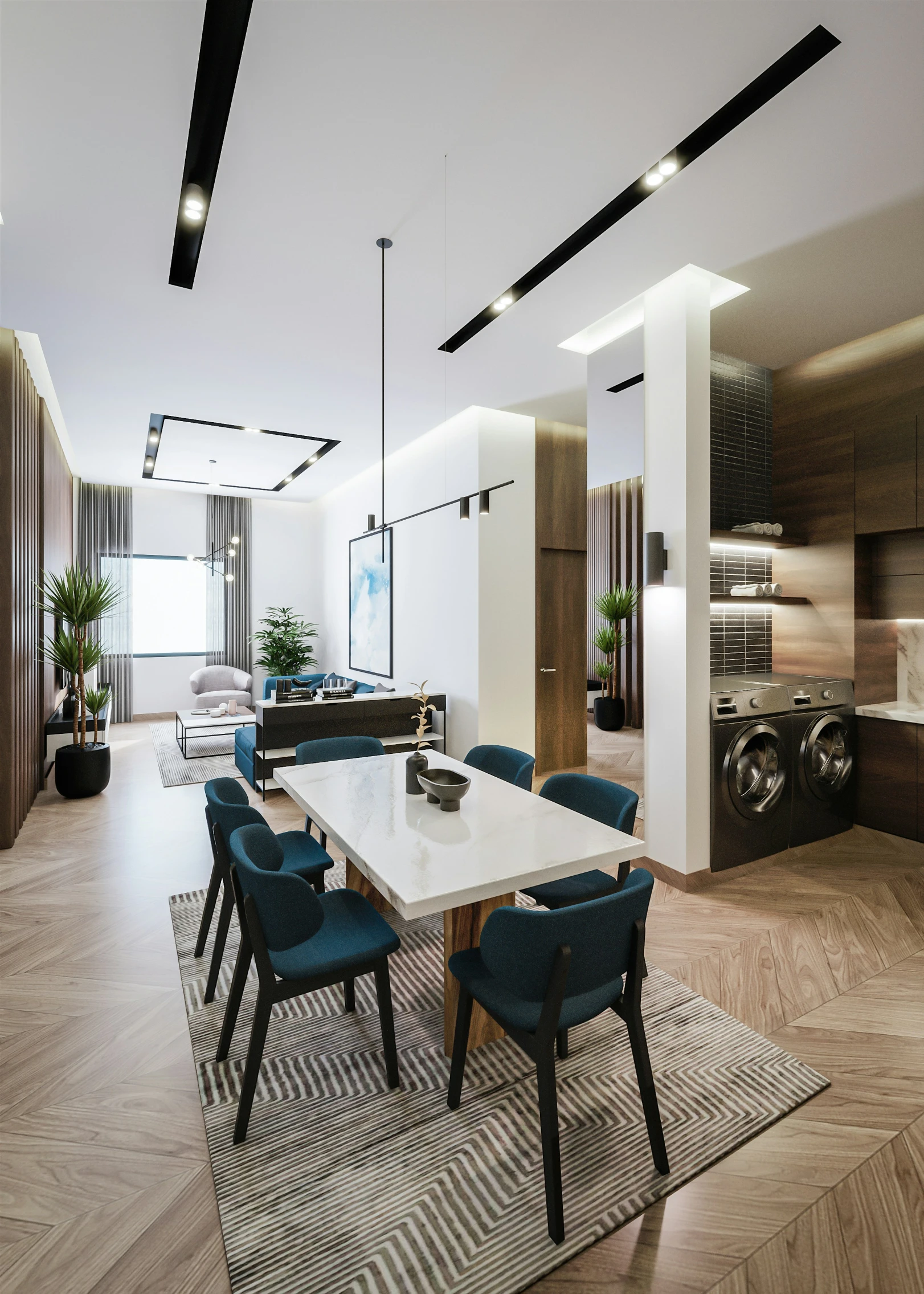 the modern living room is decorated in black and white