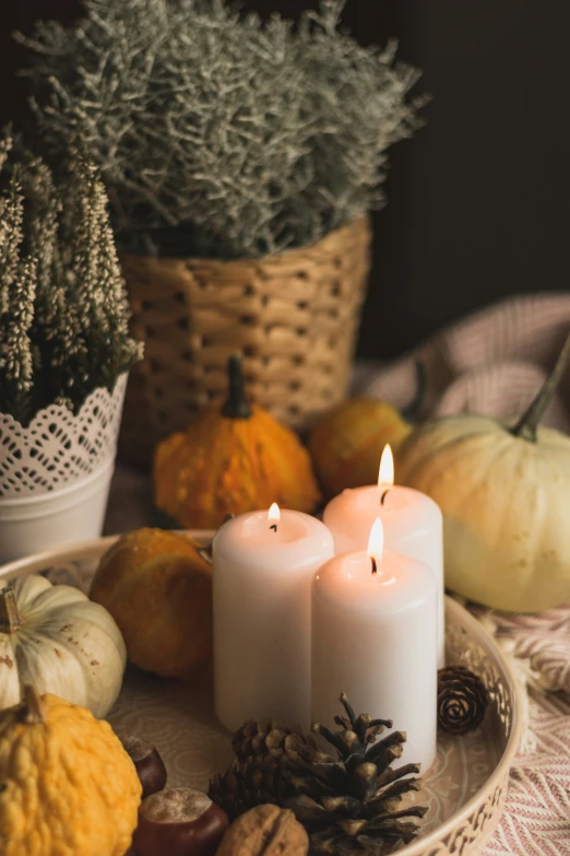 candles and pumpkins and pine cones sitting on a plate