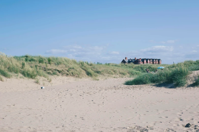 a group of people sitting on top of a sandy dune