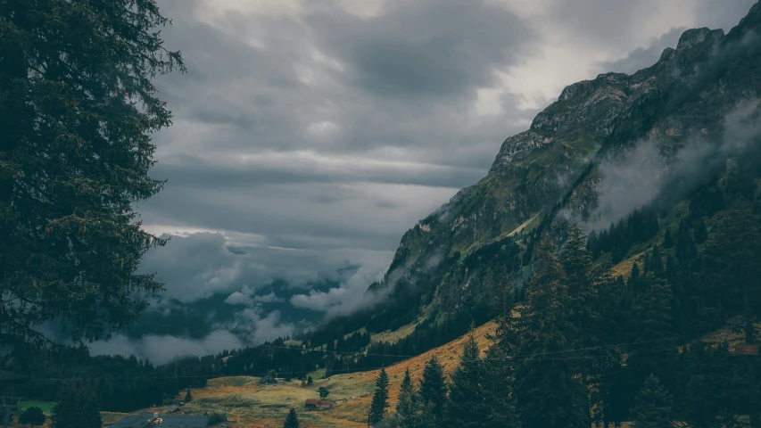 there is a dark sky in the mountains behind the trees