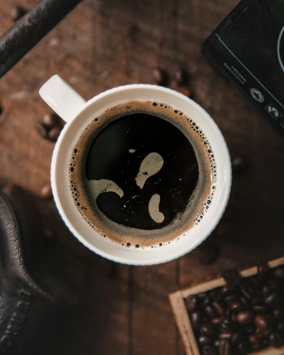 an overhead view of a coffee mug with a question mark in it