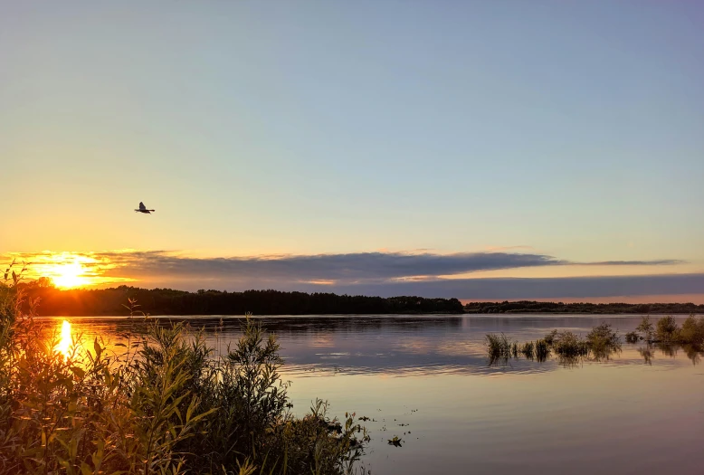 an airplane is flying over the water at sunset