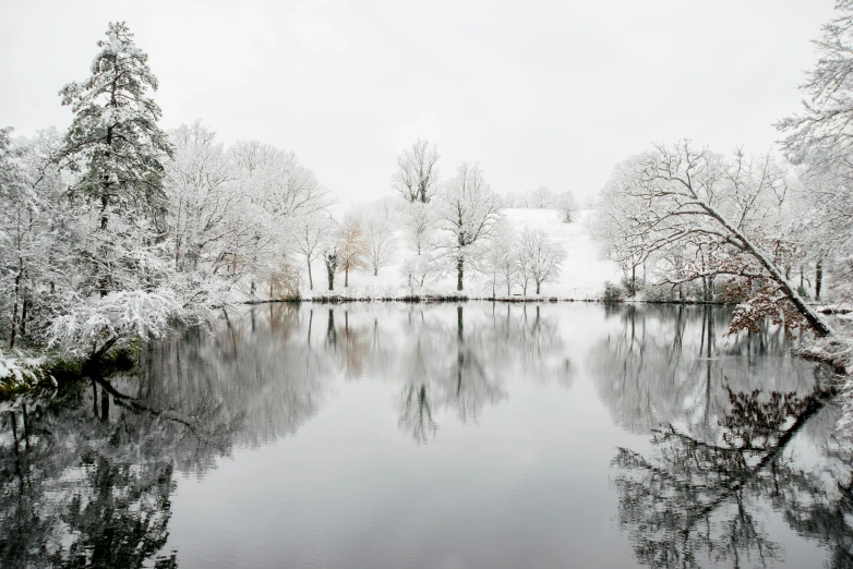 a large lake surrounded by lots of snow