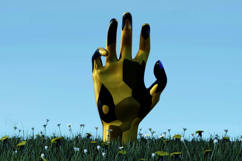 an art installation of a hand is sitting in a green field