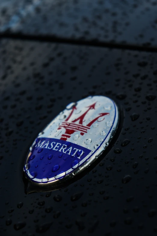 close up of logo on top of vehicle with water droplets