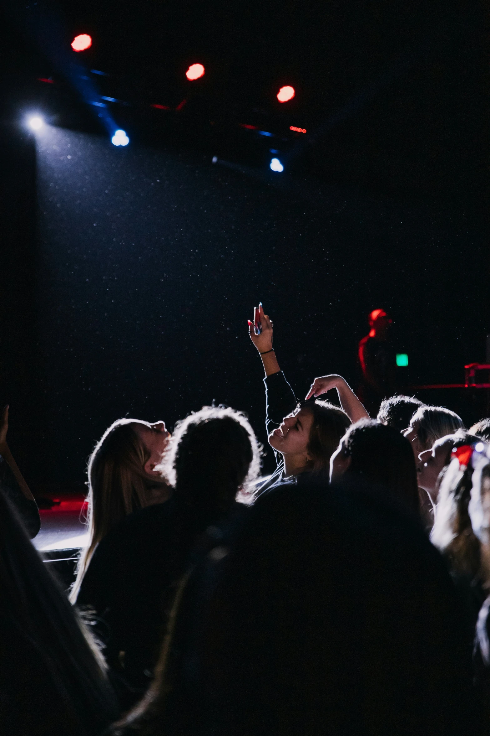 many people are in a concert and one person is holding up a hand