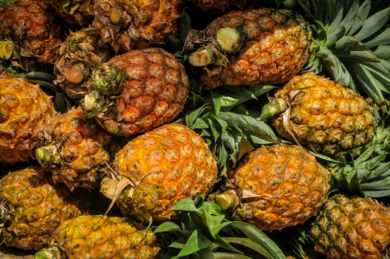pineapples on display for sale at the fruit market