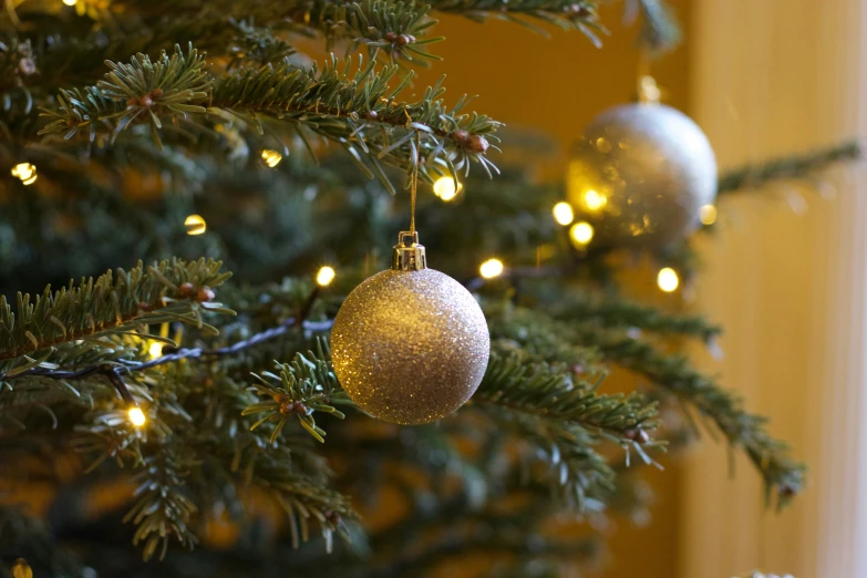 a close up of christmas balls hanging on a fir tree