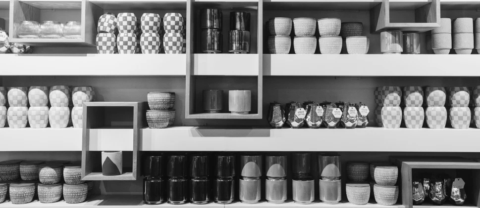 shelves holding various objects and cans in black and white