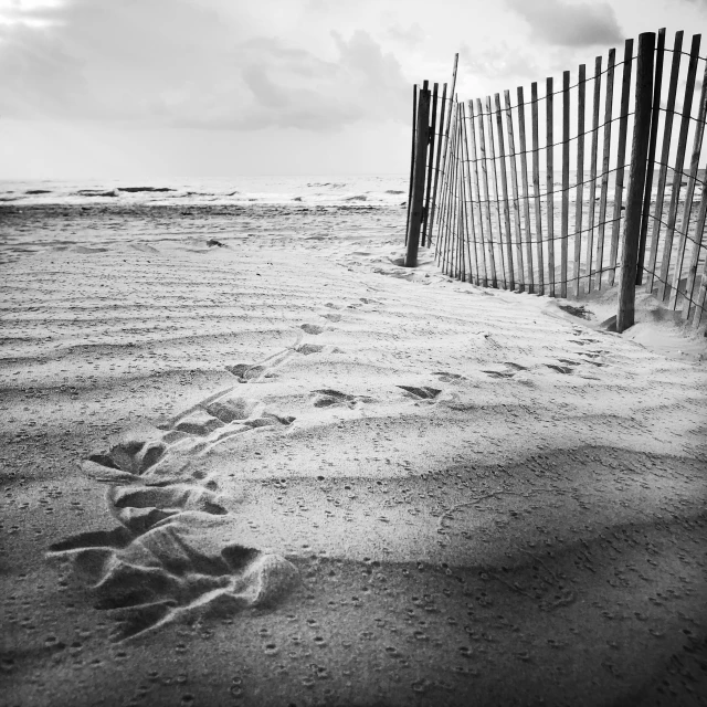 sand and a fence on a beach with the ocean in the background