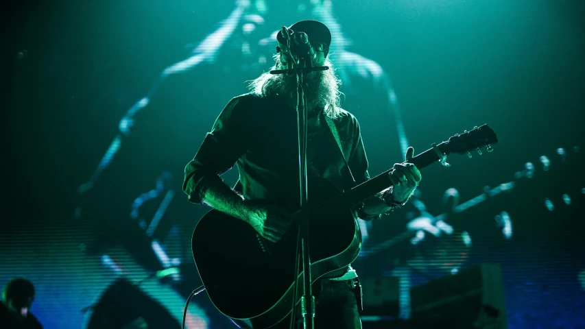 the singer plays a guitar in a concert