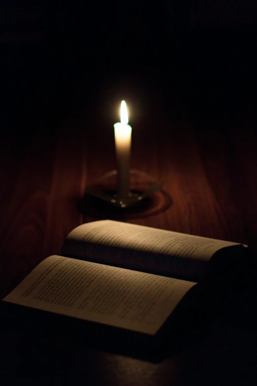 an open book and a lit candle on a table