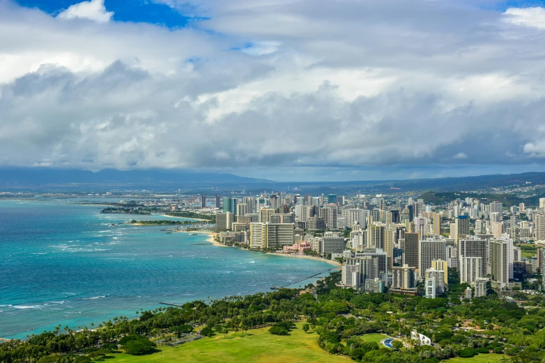 the view of an ocean and a large city skyline