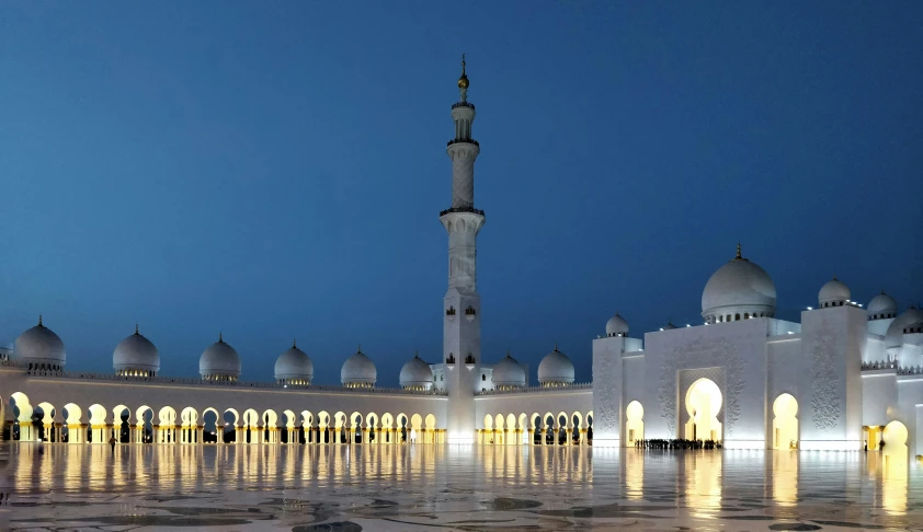 the architecture of a white mosque at night