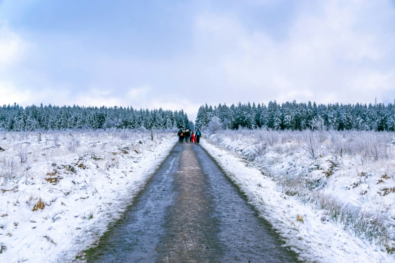 two people walking across a road covered in snow