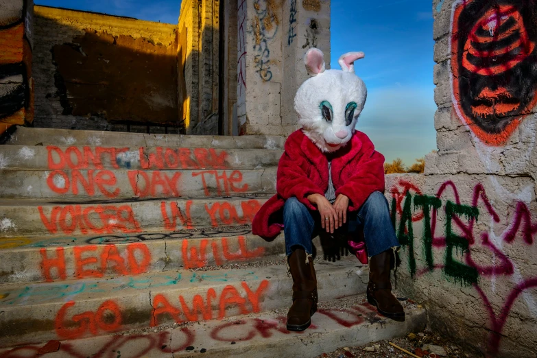 a man is wearing an animal mask sitting on the steps