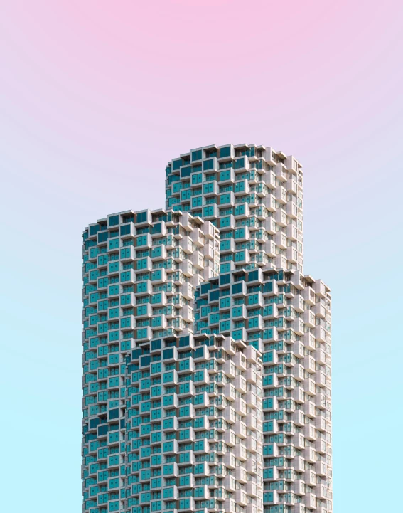 a tall building has square windows and is blue