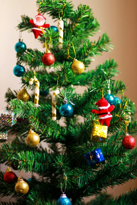 a small christmas tree decorated with ornaments and candies