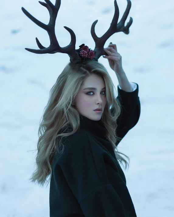 a woman standing in the snow with a deer's head on her head