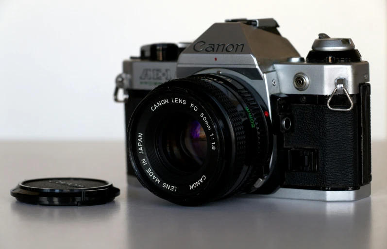 a camera and lens cap sitting on the table