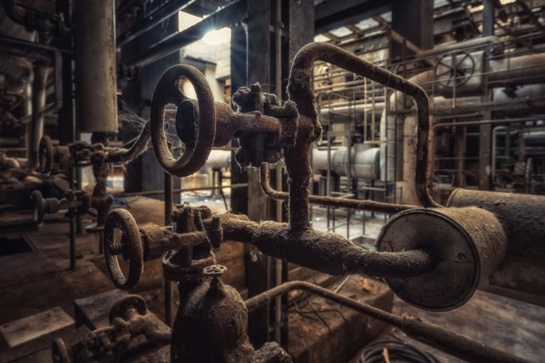 an industrial pipe station in the middle of a building