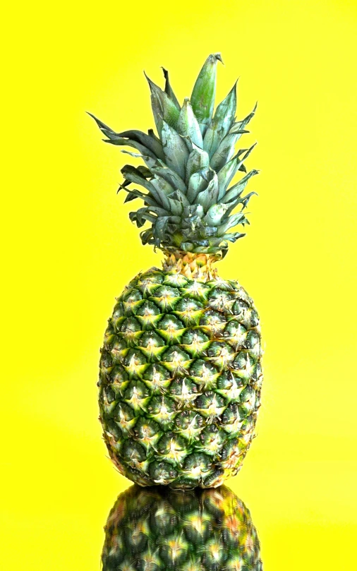 a pineapple on a yellow background that appears to be reflected