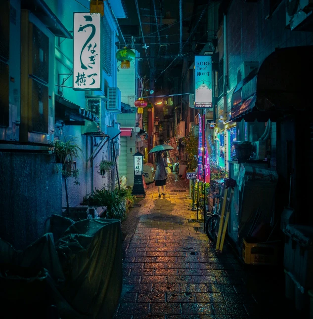 an alleyway with various signs and neon lights on it