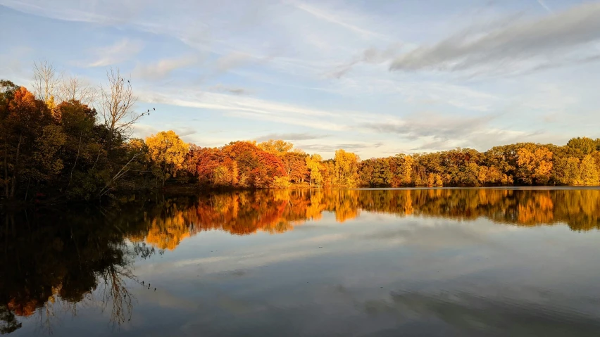 a calm lake with autumn trees reflecting in the water