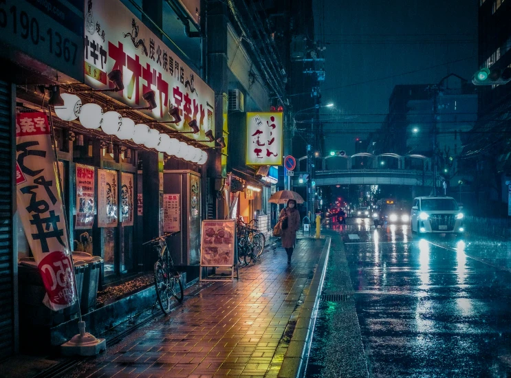 city street with a rainy night and lights of business