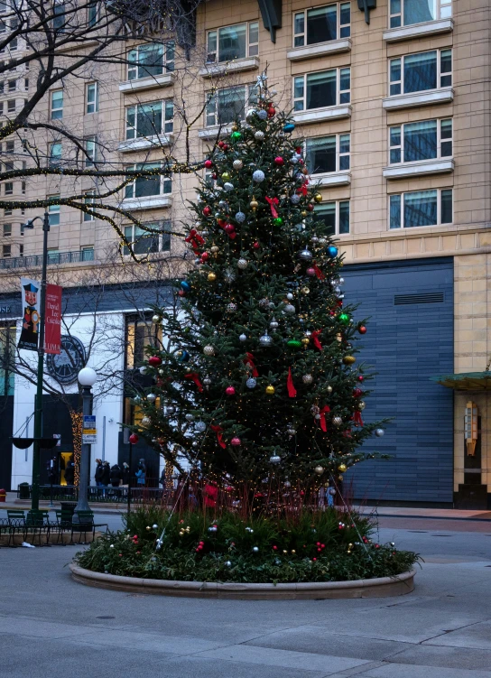 the tree has been decorated with red, silver and green decorations