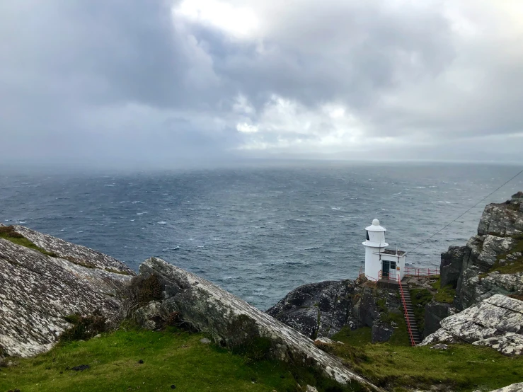 an image of a white lighthouse on the rocky shore