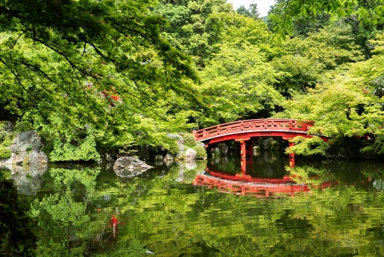 a bridge over a pond with a reflection on the water