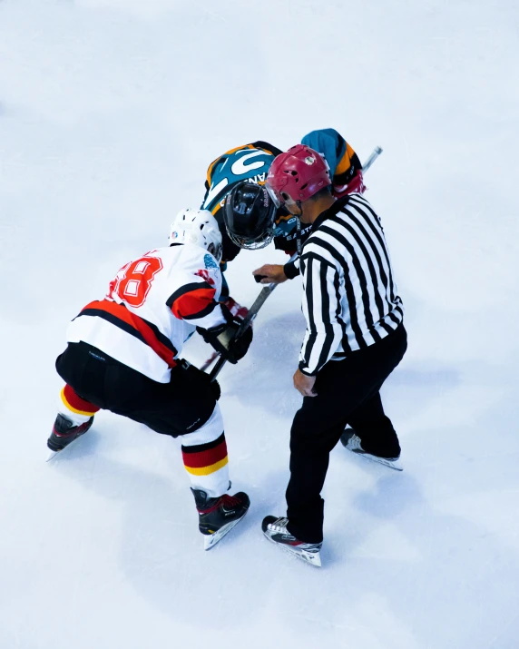 a referee is trying to help a hockey player