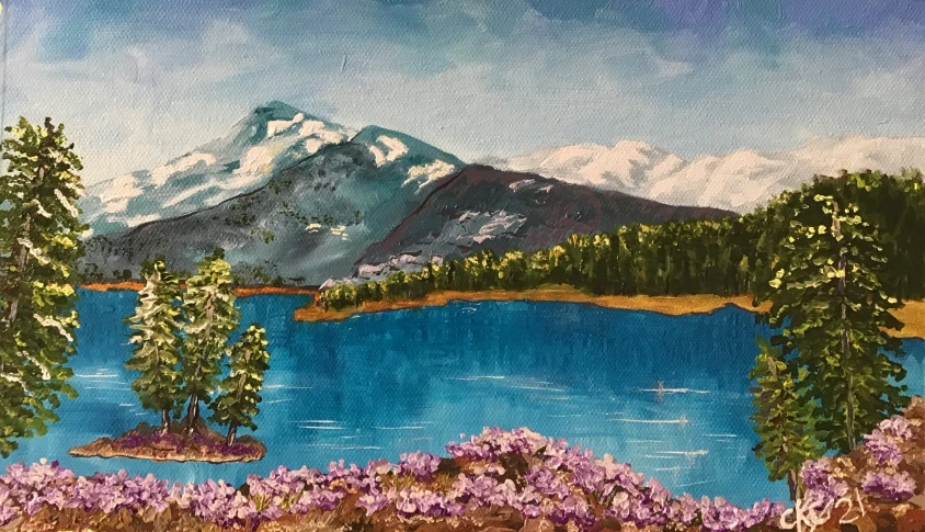a painting that looks like the lake, mountains and trees