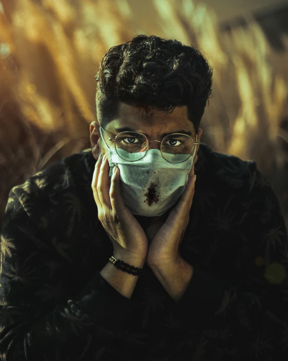 a man with glasses, wearing a face mask and looking down