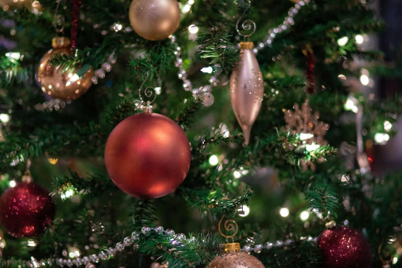 a close up of christmas balls on a christmas tree