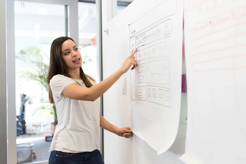 a woman standing by a wall with a white board on it