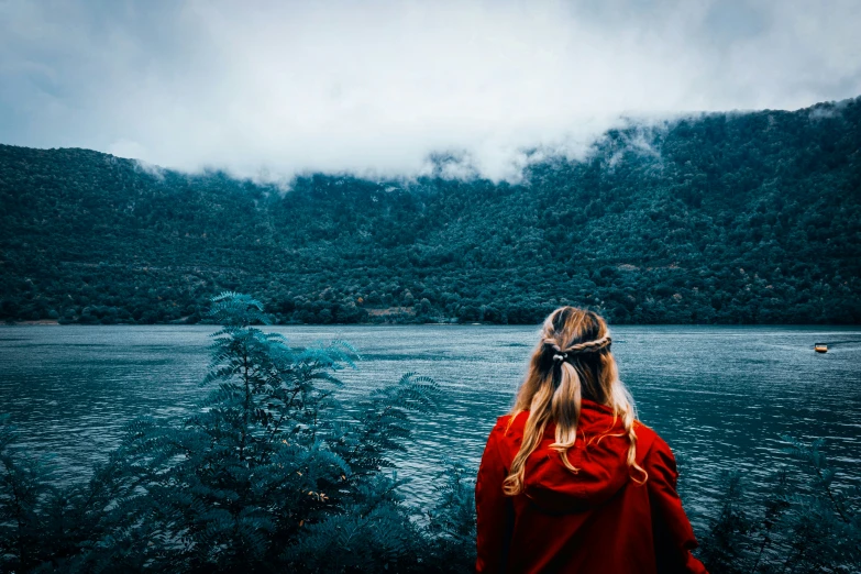 a woman dressed in red is overlooking the lake