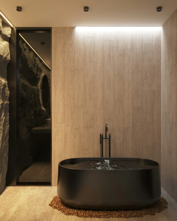 an indoor spa tub near a wall with lights