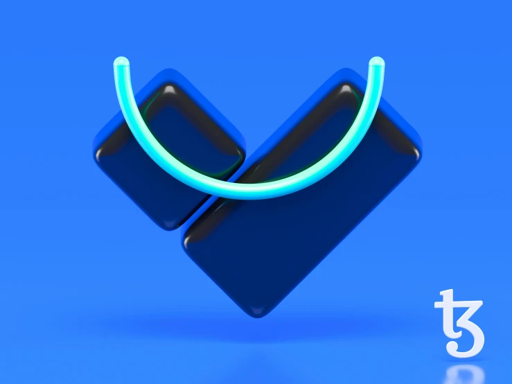 a blue and black icon with the letter v in it