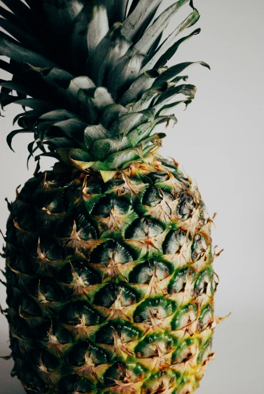 a pineapple on a white table with its stem