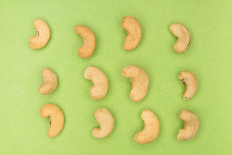 twelve doughnut holes, one in each shape and the other lined up