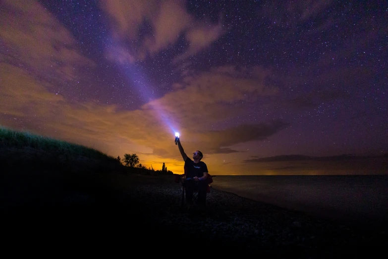 a man is silhouetted against a night sky with a flashlight