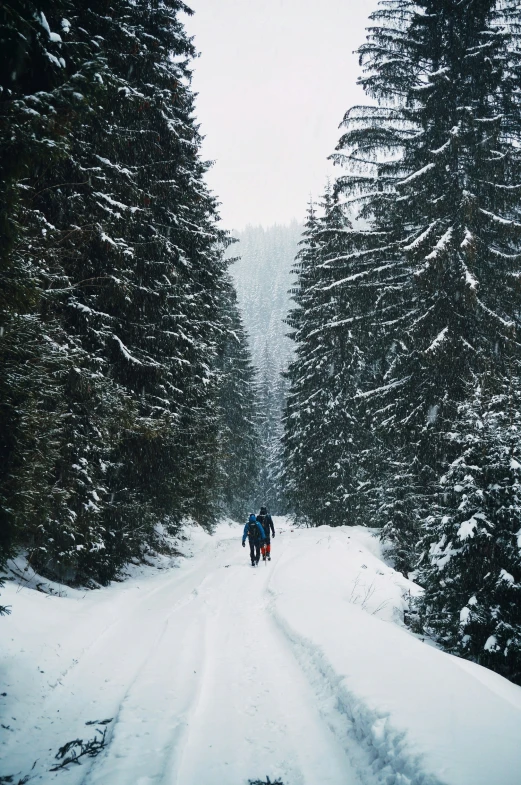 two people that are walking down a snow covered path