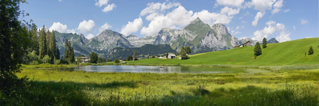 a lush green field next to a small lake