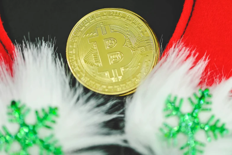 a bitcoin with snow flakes surrounding it