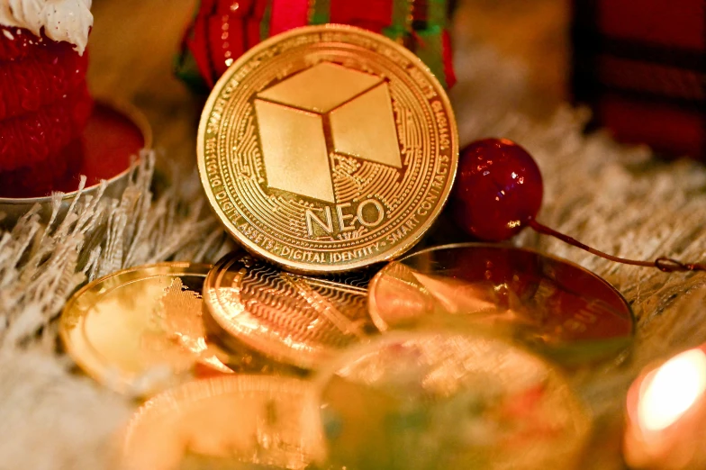 a close up of some coins on a table