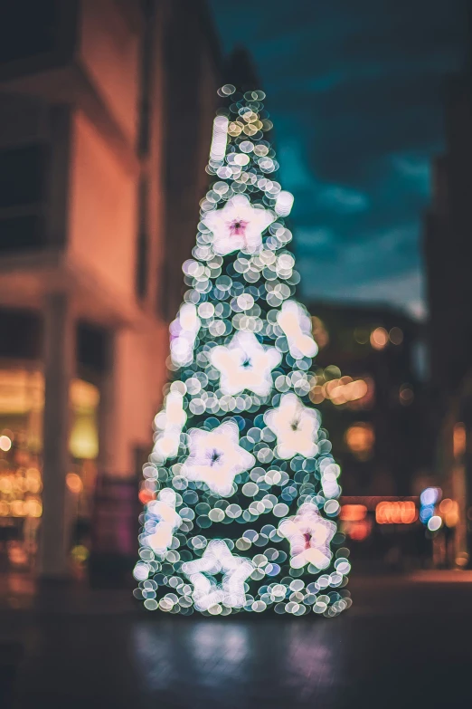 a lighted christmas tree on the side of the street