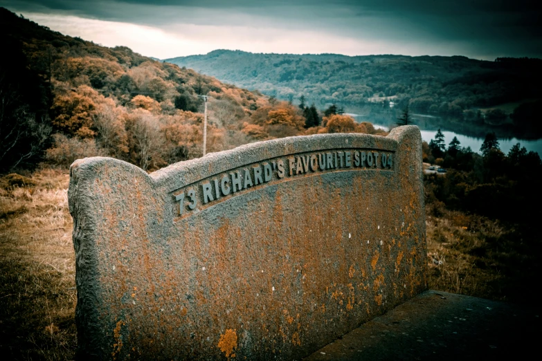 a big rock with writing on it next to a forest