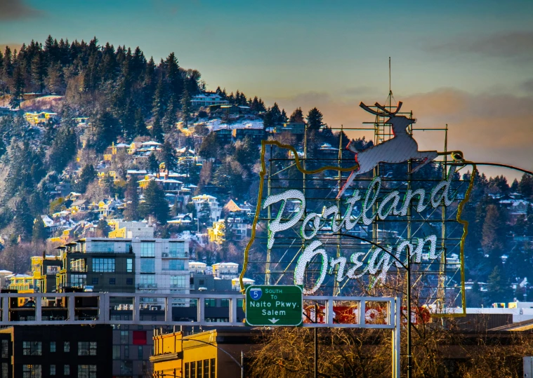 a city has snow covered hills and trees